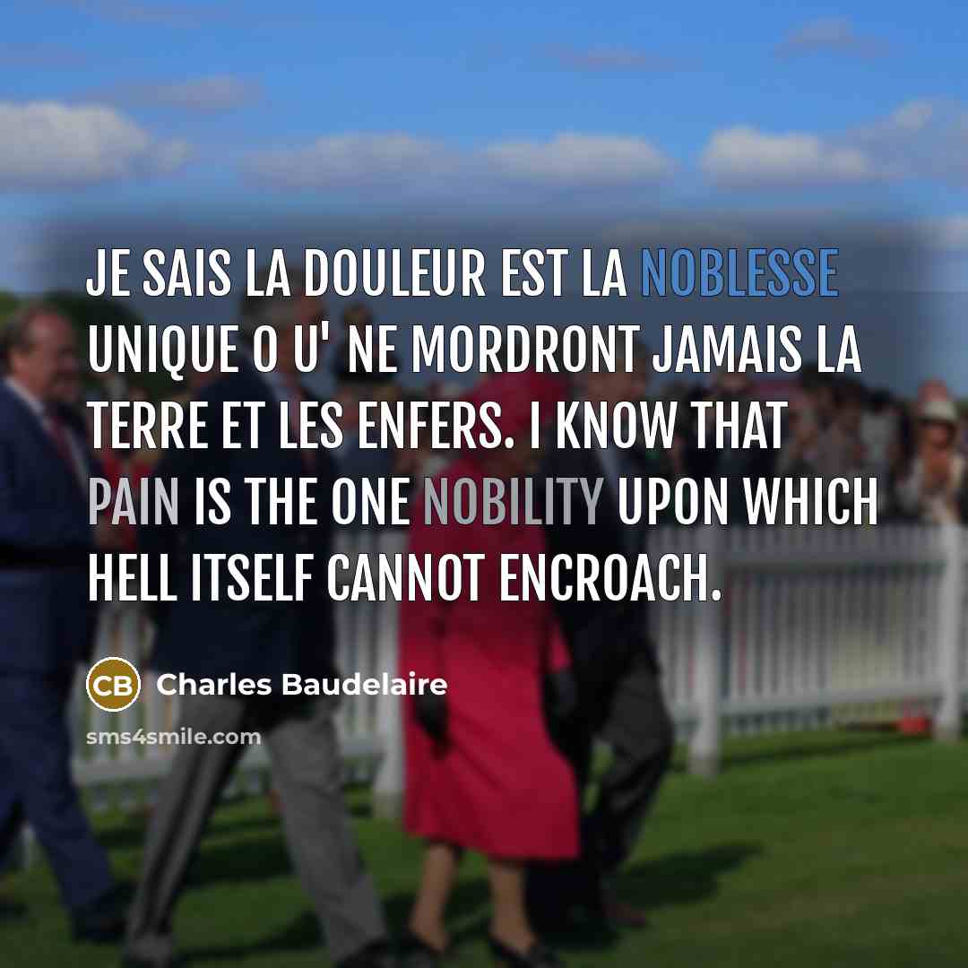 “Je sais la douleur est la noblesse unique O u' ne mordront jamais la terre et les enfers. I know that pain is the one nobility upon which Hell itself cannot encroach.” quote by Charles Baudelaire