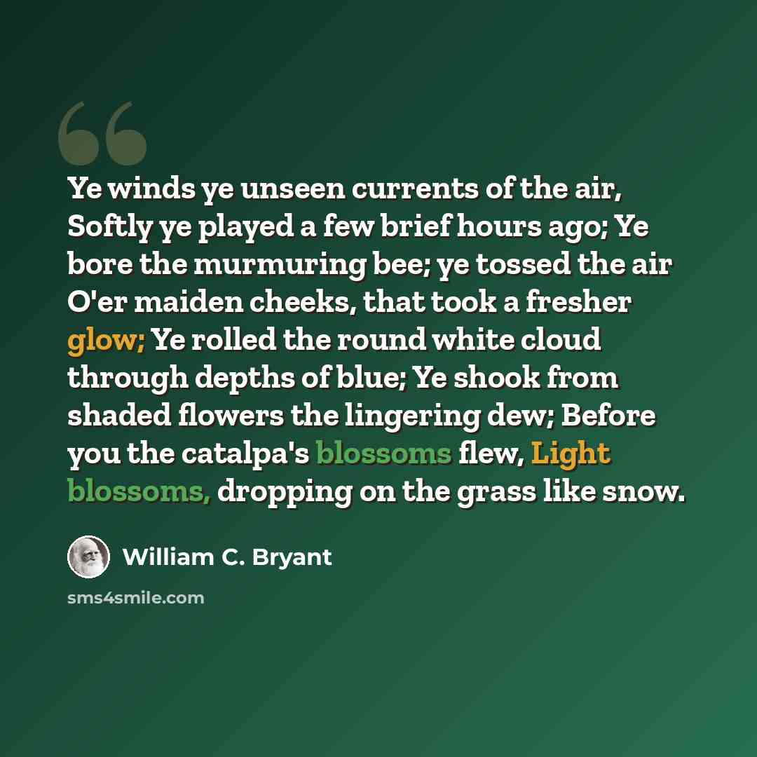 “Ye winds ye unseen currents of the air, Softly ye played a few brief hours ago; Ye bore the murmuring bee; ye tossed the air O'er maiden cheeks, that took a fresher glow; Ye rolled the round white cloud through depths of blue; Ye shook from shaded flowers the lingering dew; Before you the…” quote by William C. Bryant