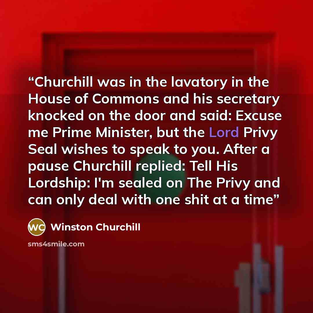 “Churchill was in the lavatory in the House of Commons and his secretary knocked on the door and said: Excuse me Prime Minister, but the Lord Privy Seal wishes to speak to you. After a pause Churchill replied: Tell His Lordship: I'm sealed on The Privy and can only deal with one shit at a time” quote by Winston Churchill