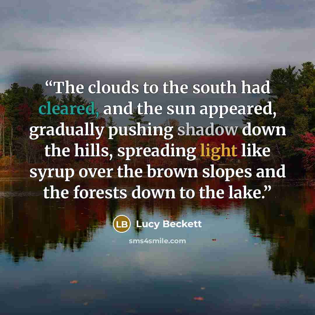 “The clouds to the south had cleared, and the sun appeared, gradually pushing shadow down the hills, spreading light like syrup over the brown slopes and the forests down to the lake.” quote by Lucy Beckett