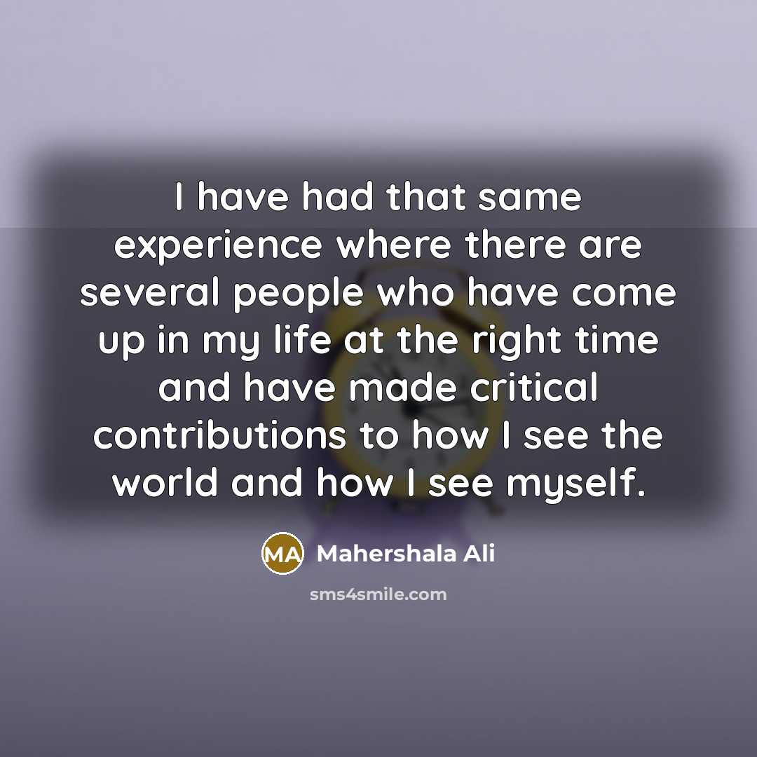 “I have had that same experience where there are several people who have come up in my life at the right time and have made critical contributions to how I see the world and how I see myself.” quote by Mahershala Ali