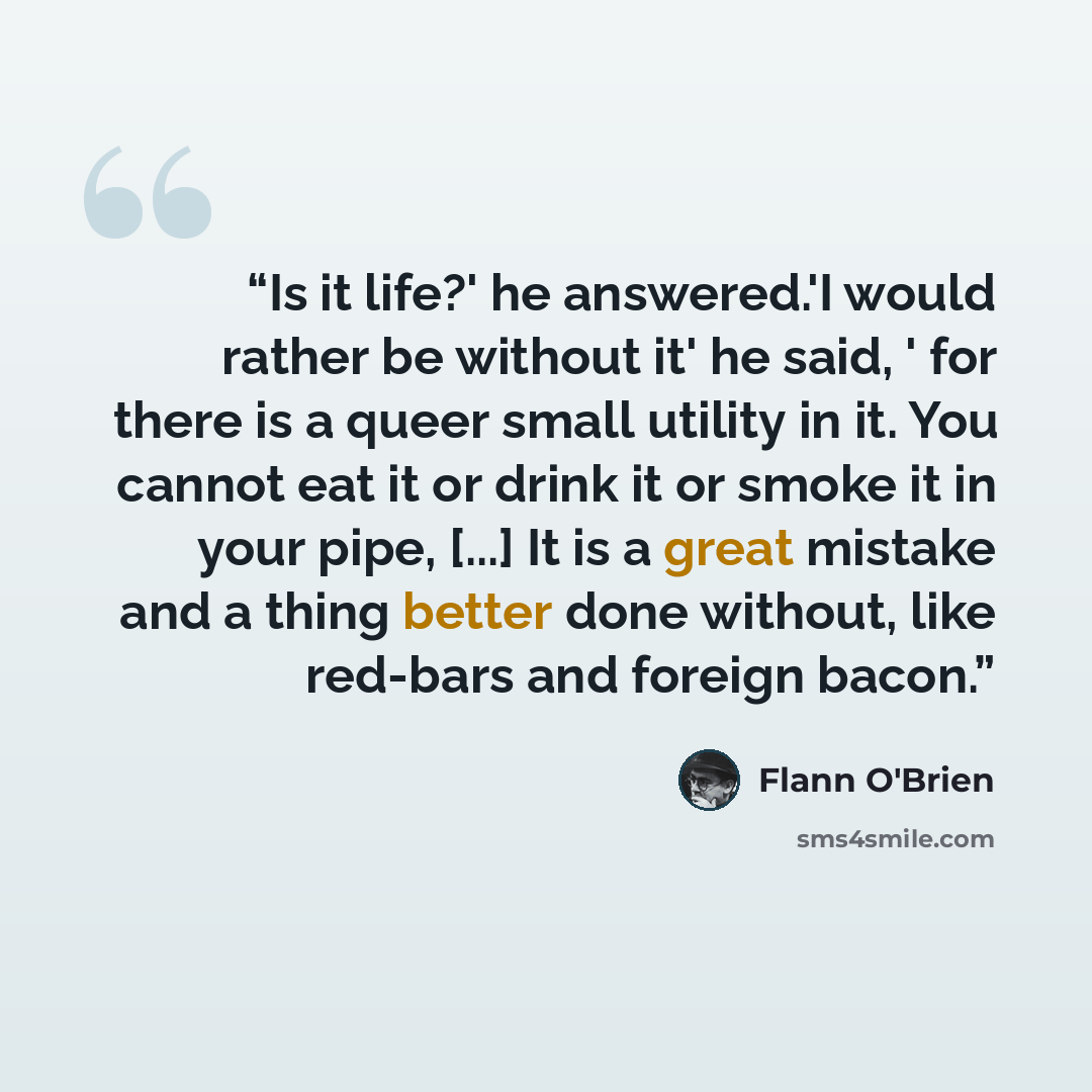 “Is it life?' he answered.'I would rather be without it' he said, ' for there is a queer small utility in it. You cannot eat it or drink it or smoke it in your pipe, [...] It is a great mistake and a thing better done without, like red-bars and foreign bacon.” quote by Flann O'Brien
