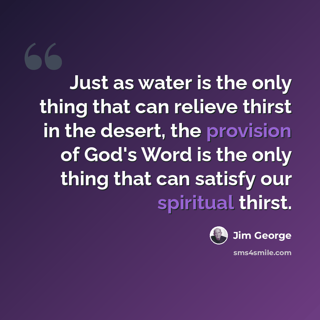 “Just as water is the only thing that can relieve thirst in the desert, the provision of God's Word is the only thing that can satisfy our spiritual thirst.” quote by Jim George