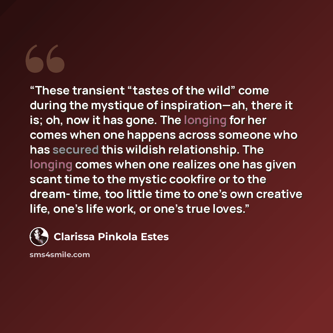 “These transient “tastes of the wild” come during the mystique of inspiration—ah, there it is; oh, now it has gone. The longing for her comes when one happens across someone who has secured this wildish relationship. The longing comes when one realizes one has given scant time to the mystic…” quote by Clarissa Pinkola Estés