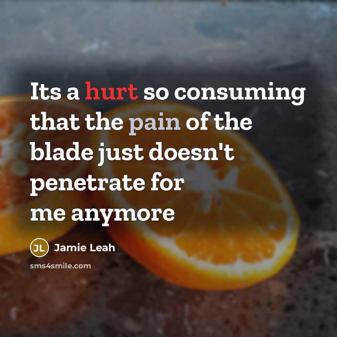 “Its a hurt so consuming that the pain of the blade just doesn't penetrate for me anymore” quote by Jamie Leah