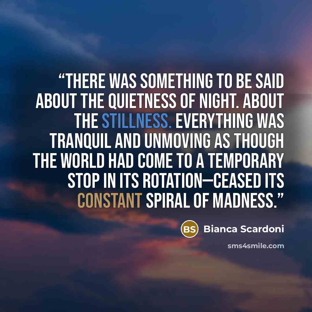 “There was something to be said about the quietness of night. About the stillness. Everything was tranquil and unmoving as though the world had come to a temporary stop in its rotation—ceased its constant spiral of madness.” quote by Bianca Scardoni