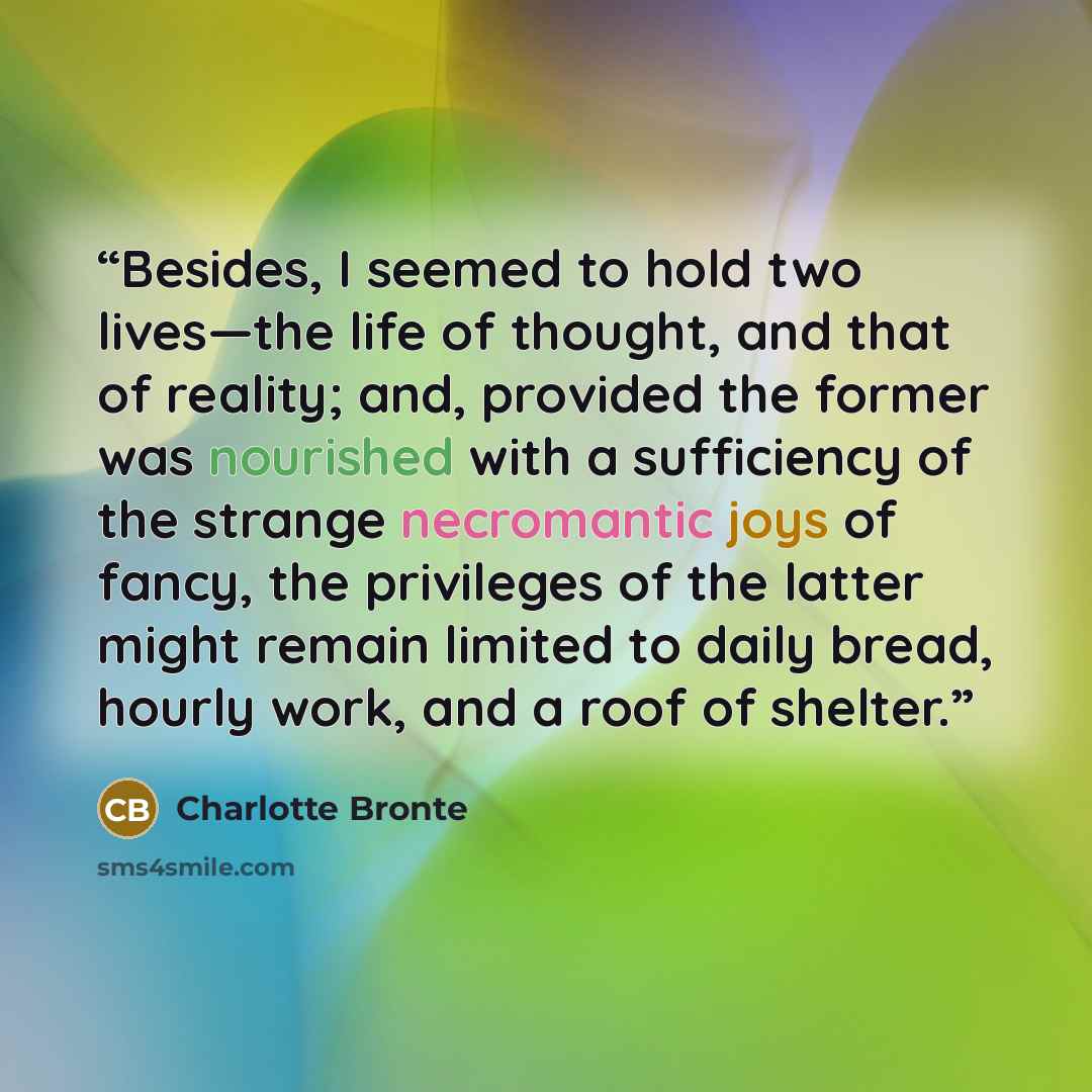“Besides, I seemed to hold two lives—the life of thought, and that of reality; and, provided the former was nourished with a sufficiency of the strange necromantic joys of fancy, the privileges of the latter might remain limited to daily bread, hourly work, and a roof of shelter.” quote by Charlotte Brontë