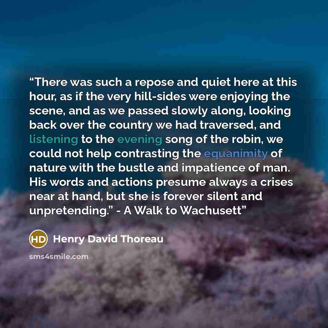 “There was such a repose and quiet here at this hour, as if the very hill-sides were enjoying the scene, and as we passed slowly along, looking back over the country we had traversed, and listening to the evening song of the robin, we could not help contrasting the equanimity of nature with the…” quote by Henry David Thoreau