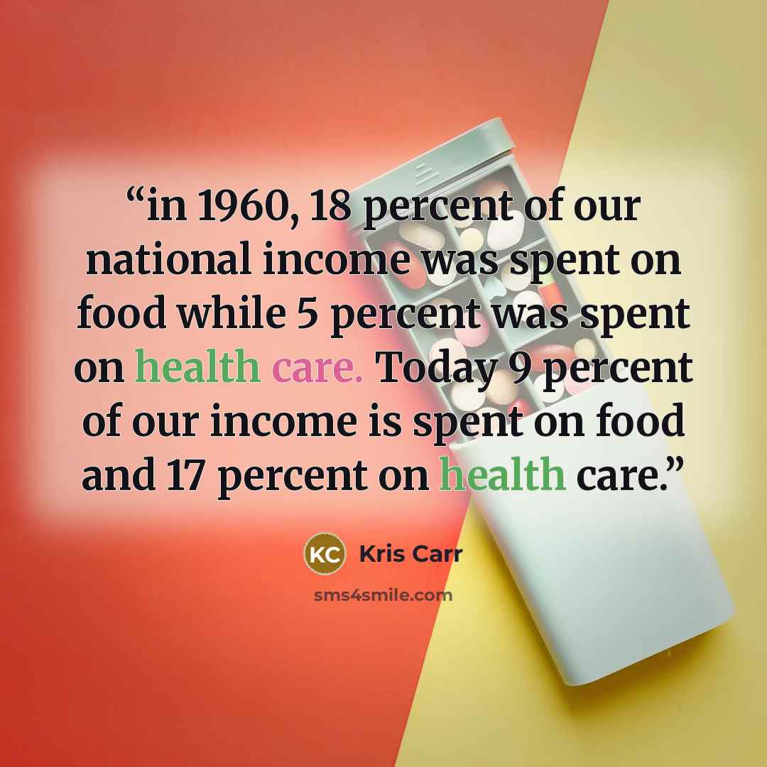 “in 1960, 18 percent of our national income was spent on food while 5 percent was spent on health care. Today 9 percent of our income is spent on food and 17 percent on health care.” quote by Kris Carr