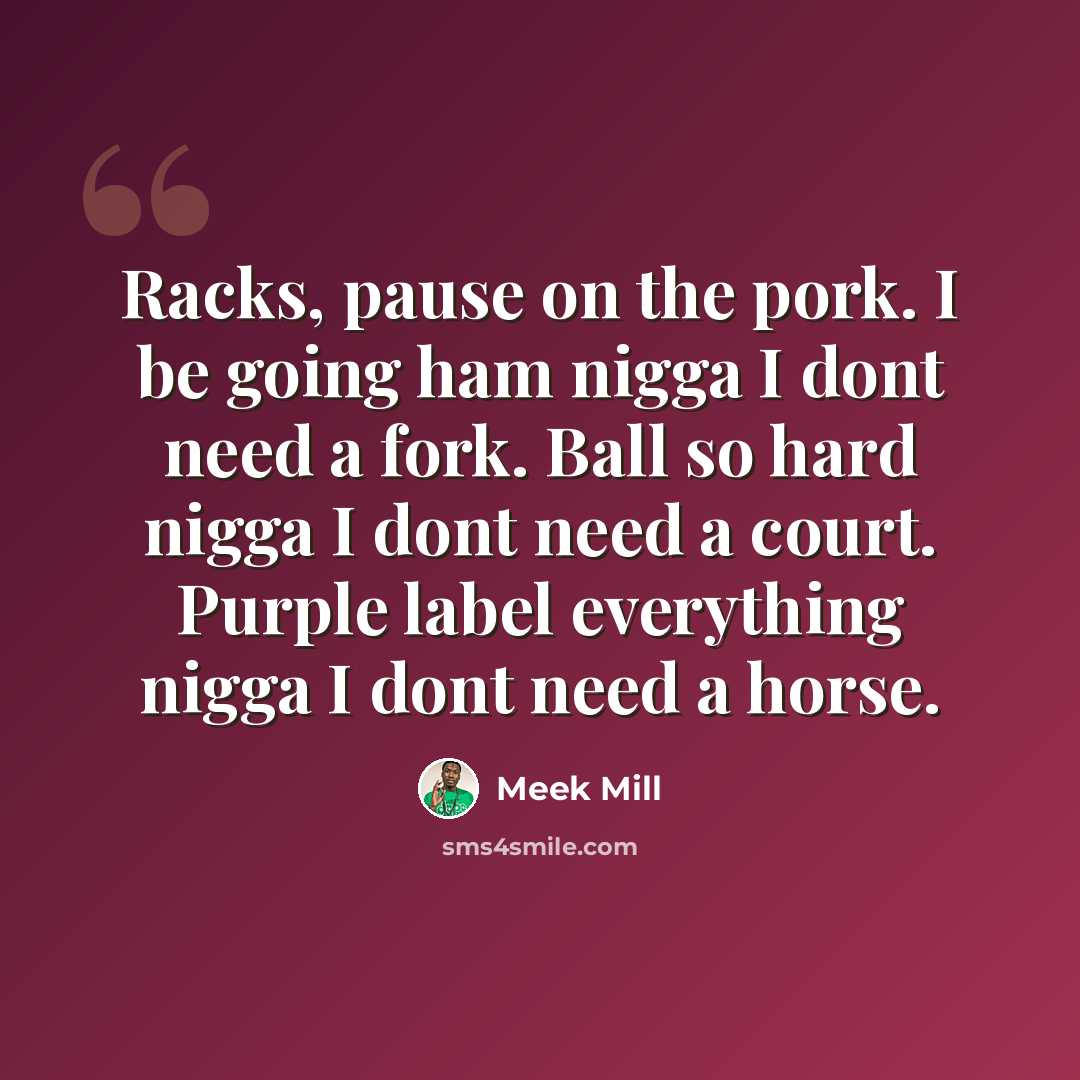 “Racks, pause on the pork. I be going ham nigga I dont need a fork. Ball so hard nigga I dont need a court. Purple label everything nigga I dont need a horse.” quote by Meek Mill