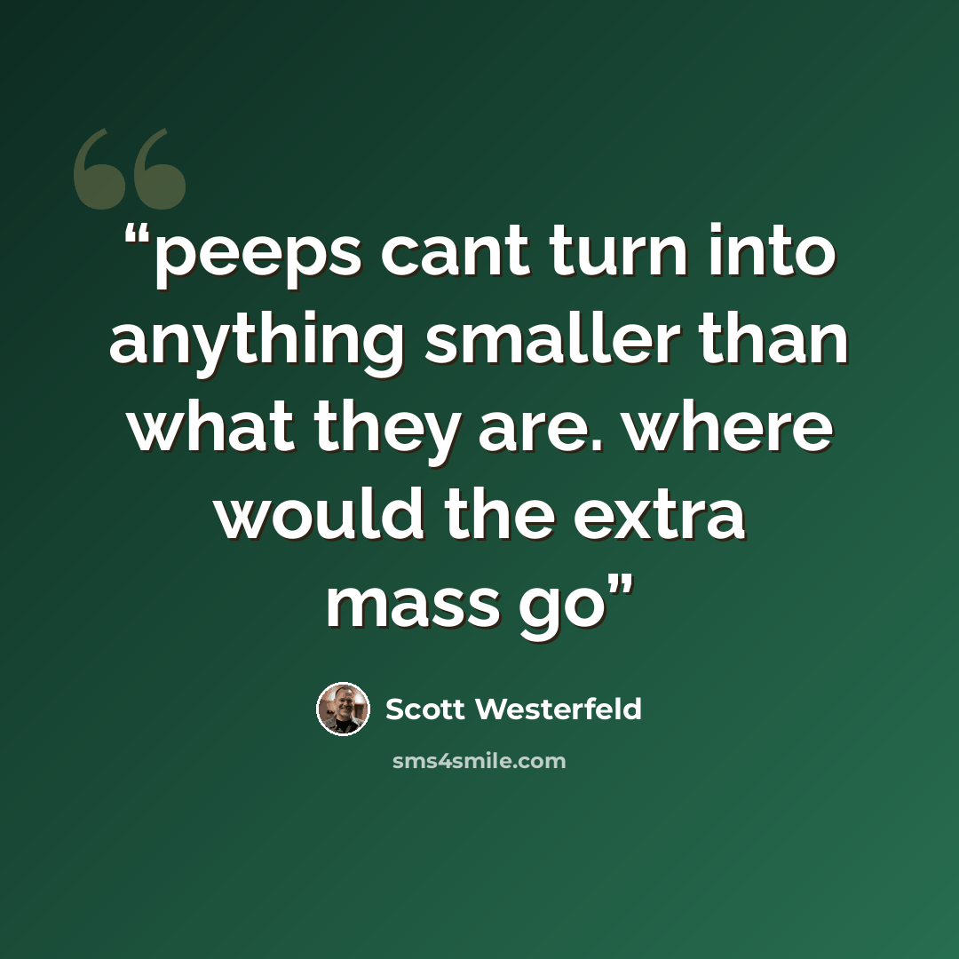 “peeps cant turn into anything smaller than what they are. where would the extra mass go” quote by Scott Westerfeld