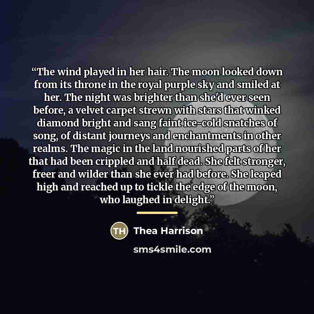 “The wind played in her hair. The moon looked down from its throne in the royal purple sky and smiled at her. The night was brighter than she'd ever seen before, a velvet carpet strewn with stars that winked diamond bright and sang faint ice-cold snatches of song, of distant journeys and…” quote by Thea Harrison