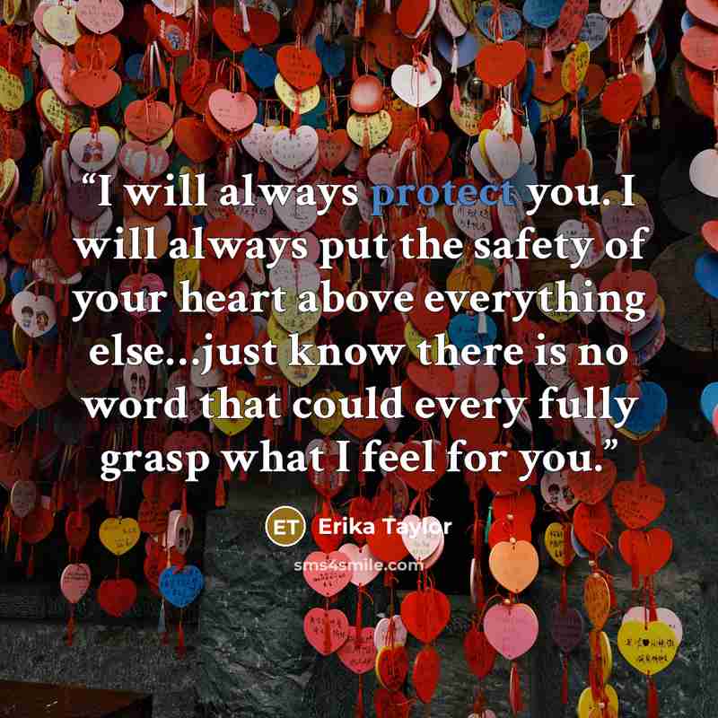 “I will always protect you. I will always put the safety of your heart above everything else…just know there is no word that could every fully grasp what I feel for you.” quote by Erika Taylor