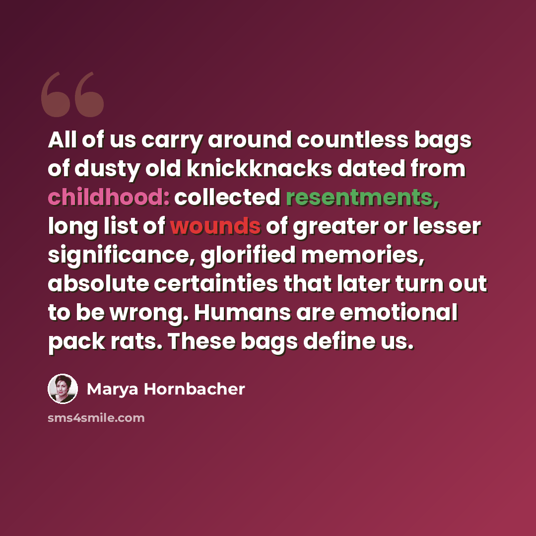 “All of us carry around countless bags of dusty old knickknacks dated from childhood: collected resentments, long list of wounds of greater or lesser significance, glorified memories, absolute certainties that later turn out to be wrong. Humans are emotional pack rats. These bags define us.” quote by Marya Hornbacher