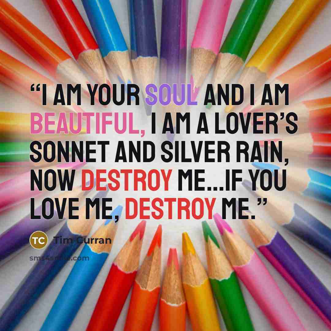 “I am your soul and I am beautiful, I am a lover’s sonnet and silver rain, now destroy me…if you love me, destroy me.” quote by Tim Curran