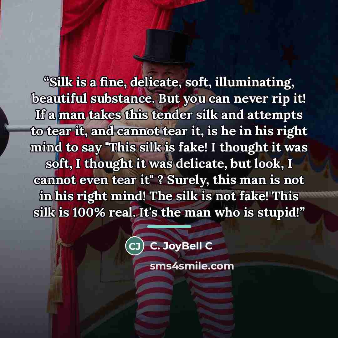 “Silk is a fine, delicate, soft, illuminating, beautiful substance. But you can never rip it! If a man takes this tender silk and attempts to tear it, and cannot tear it, is he in his right mind to say "This silk is fake! I thought it was soft, I thought it was delicate, but look, I cannot even…” quote by C. JoyBell C
