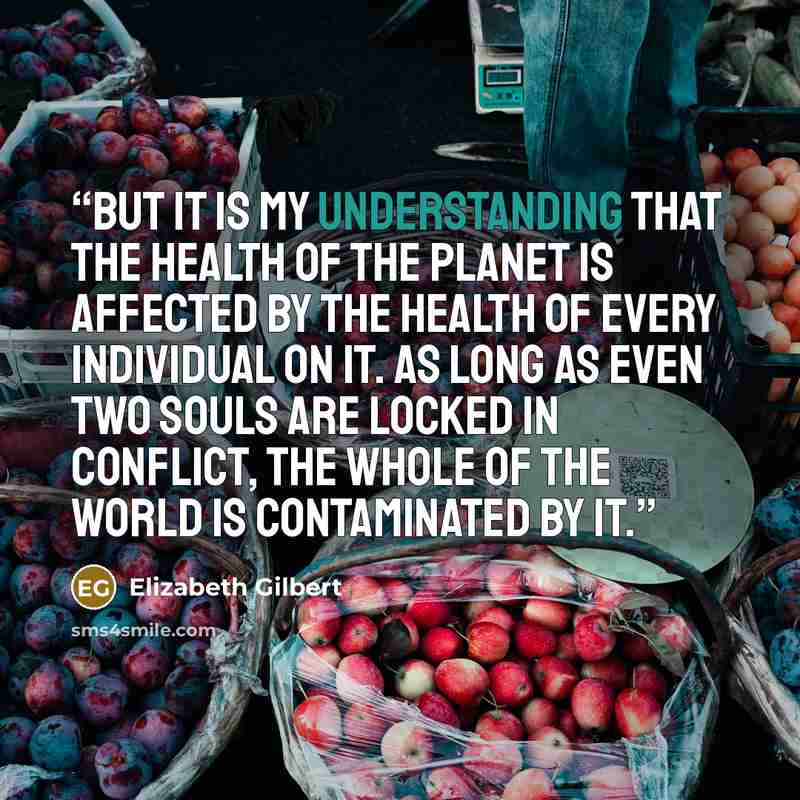 “But it is my understanding that the health of the planet is affected by the health of every individual on it. As long as even two souls are locked in conflict, the whole of the world is contaminated by it.” quote by Elizabeth Gilbert