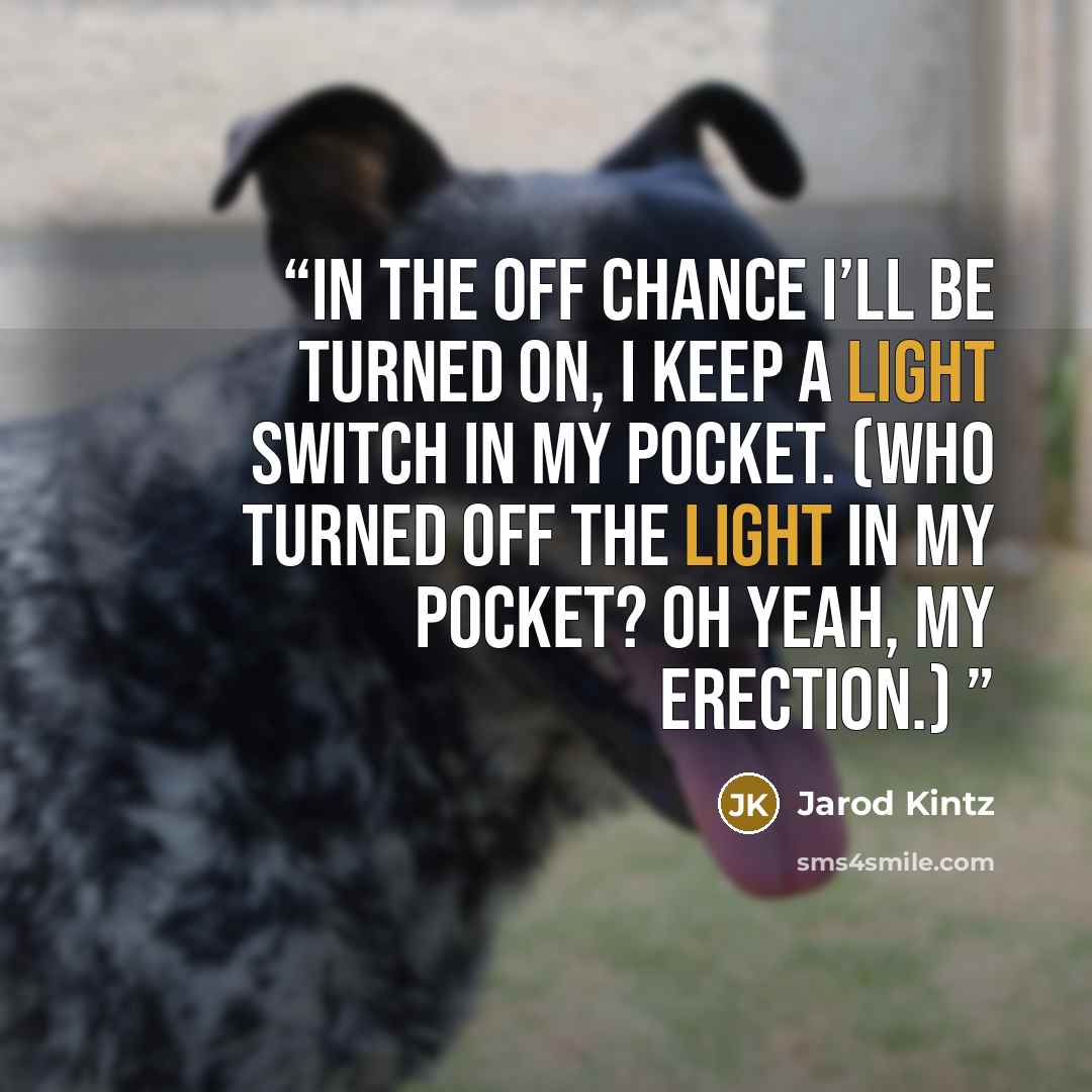 “In the off chance I’ll be turned on, I keep a light switch in my pocket. (Who turned off the light in my pocket? Oh yeah, my erection.)” quote by Jarod Kintz