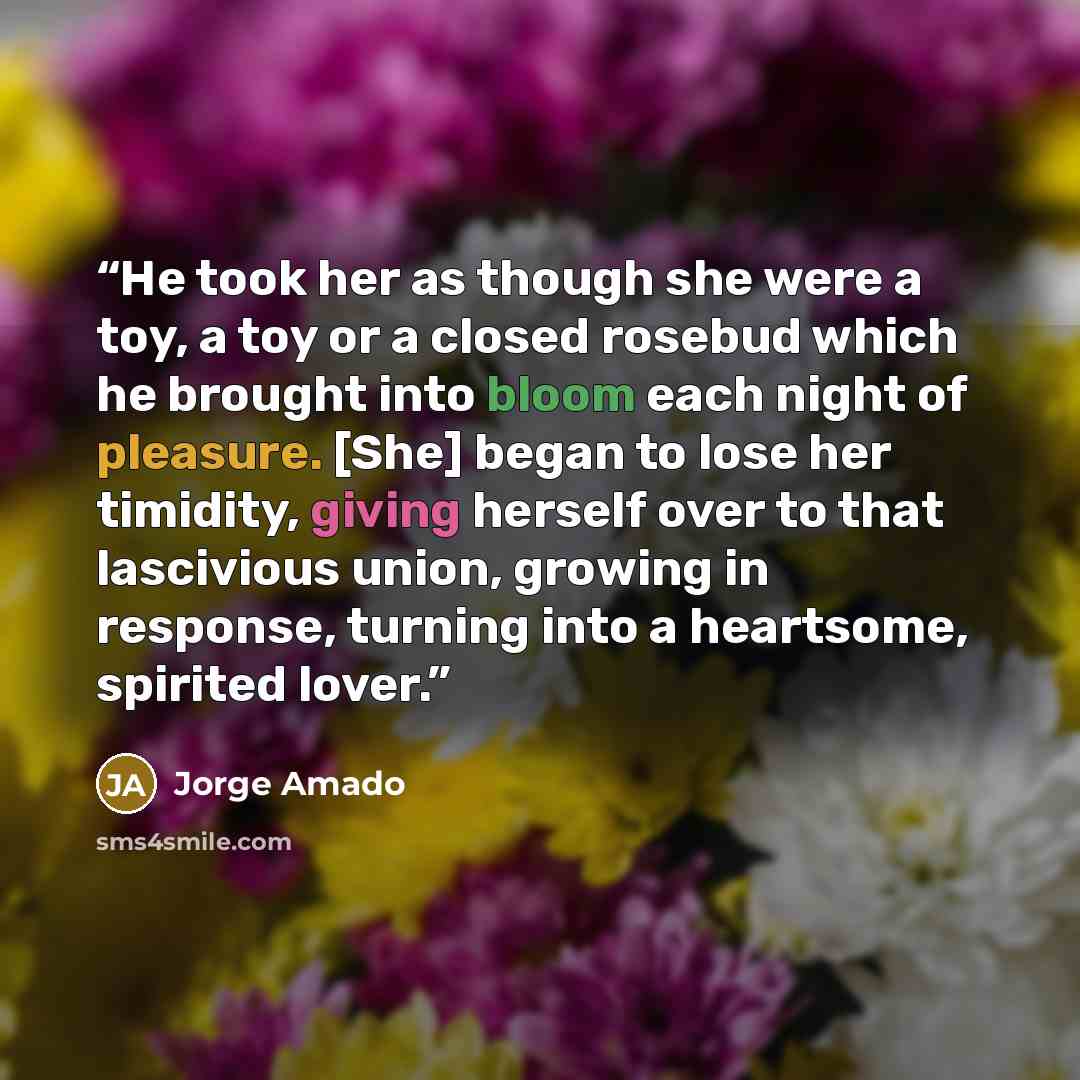 “He took her as though she were a toy, a toy or a closed rosebud which he brought into bloom each night of pleasure. [She] began to lose her timidity, giving herself over to that lascivious union, growing in response, turning into a heartsome, spirited lover.” quote by Jorge Amado
