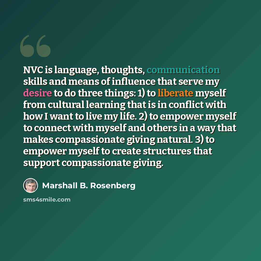 “NVC is language, thoughts, communication skills and means of influence that serve my desire to do three things: 1) to liberate myself from cultural learning that is in conflict with how I want to live my life. 2) to empower myself to connect with myself and others in a way that makes compassionate…” quote by Marshall B. Rosenberg