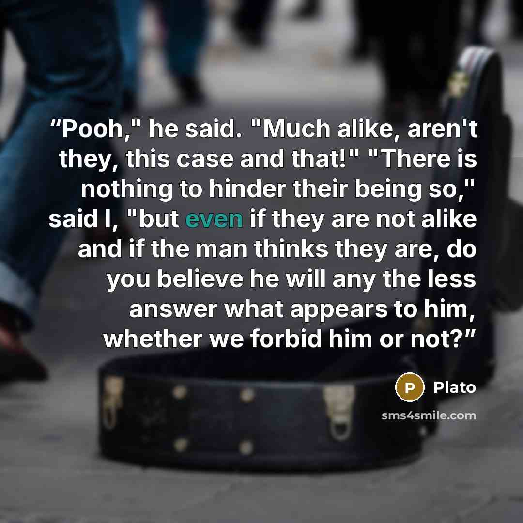 “Pooh," he said. "Much alike, aren't they, this case and that!" "There is nothing to hinder their being so," said I, "but even if they are not alike and if the man thinks they are, do you believe he will any the less answer what appears to him, whether we forbid him or not?” quote by Plato
