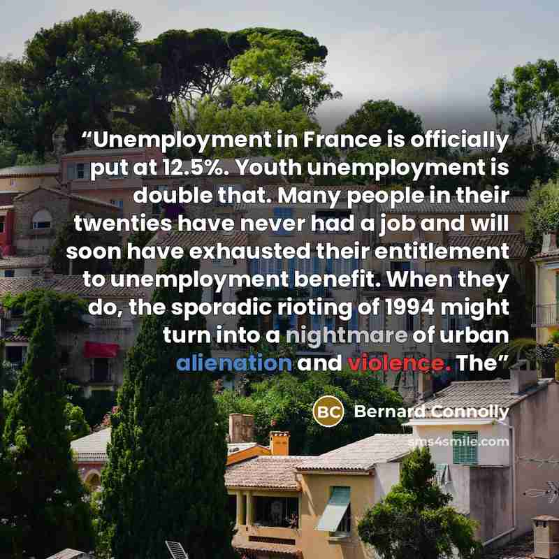 “Unemployment in France is officially put at 12.5%. Youth unemployment is double that. Many people in their twenties have never had a job and will soon have exhausted their entitlement to unemployment benefit. When they do, the sporadic rioting of 1994 might turn into a nightmare of urban…” quote by Bernard Connolly