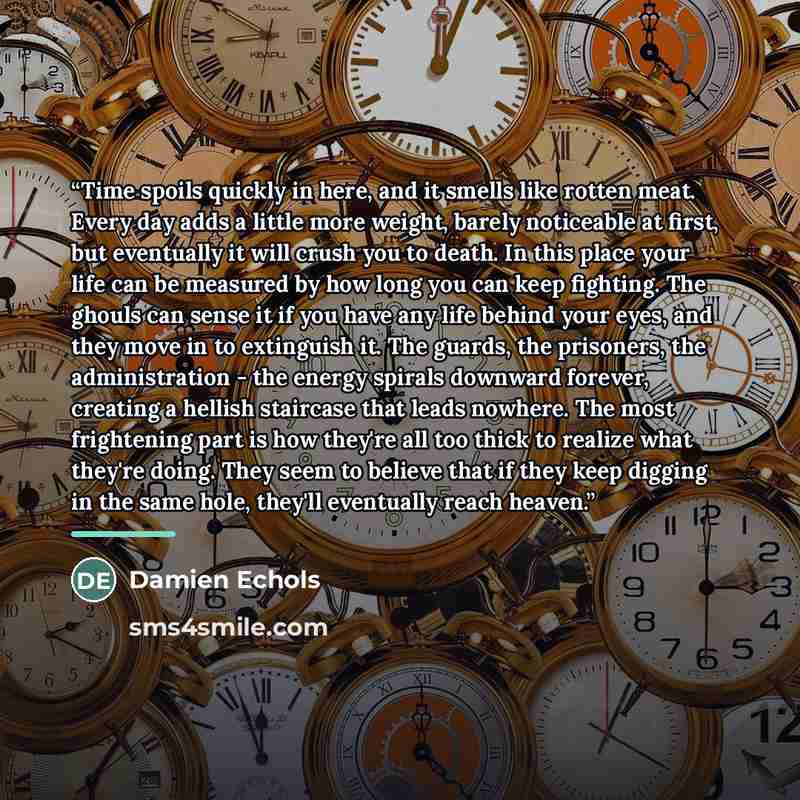 “Time spoils quickly in here, and it smells like rotten meat. Every day adds a little more weight, barely noticeable at first, but eventually it will crush you to death. In this place your life can be measured by how long you can keep fighting. The ghouls can sense it if you have any life behind…” quote by Damien Echols