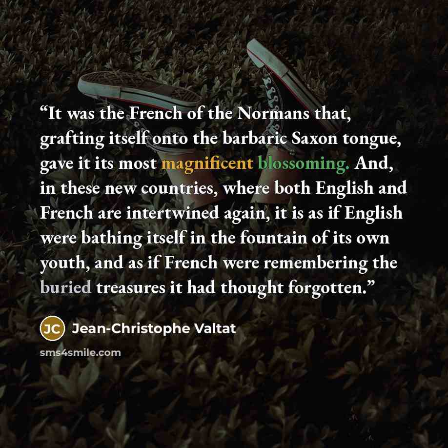 “It was the French of the Normans that, grafting itself onto the barbaric Saxon tongue, gave it its most magnificent blossoming. And, in these new countries, where both English and French are intertwined again, it is as if English were bathing itself in the fountain of its own youth, and as if…” quote by Jean-Christophe Valtat