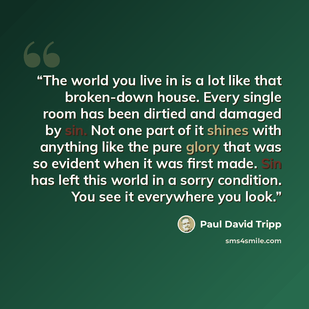 “The world you live in is a lot like that broken-down house. Every single room has been dirtied and damaged by sin. Not one part of it shines with anything like the pure glory that was so evident when it was first made. Sin has left this world in a sorry condition. You see it everywhere you look.” quote by Paul David Tripp