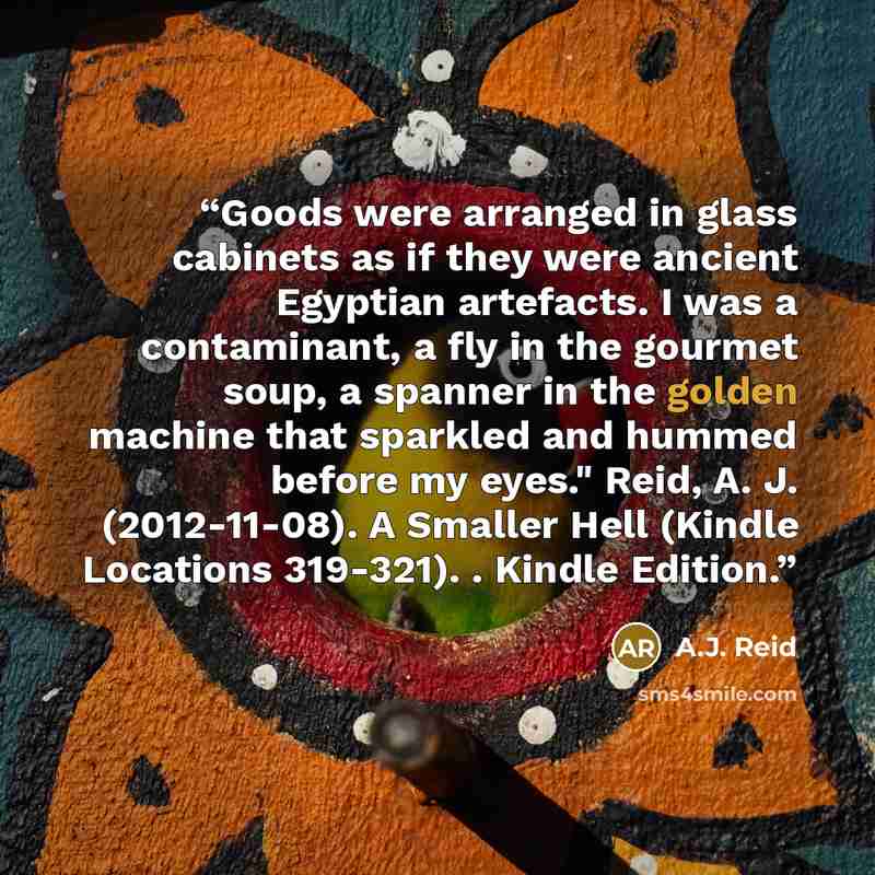“Goods were arranged in glass cabinets as if they were ancient Egyptian artefacts. I was a contaminant, a fly in the gourmet soup, a spanner in the golden machine that sparkled and hummed before my eyes." Reid, A. J. (2012-11-08). A Smaller Hell (Kindle Locations 319-321). . Kindle Edition.” quote by A.J. Reid