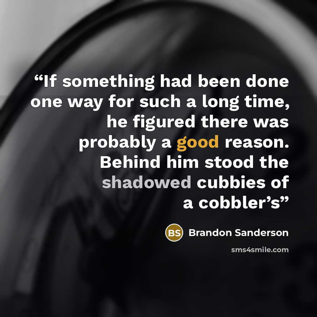 “If something had been done one way for such a long time, he figured there was probably a good reason. Behind him stood the shadowed cubbies of a cobbler’s” quote by Brandon Sanderson