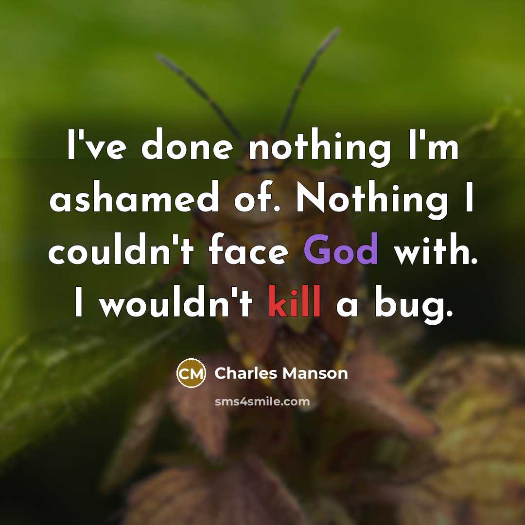 “I've done nothing I'm ashamed of. Nothing I couldn't face God with. I wouldn't kill a bug.” quote by Charles Manson