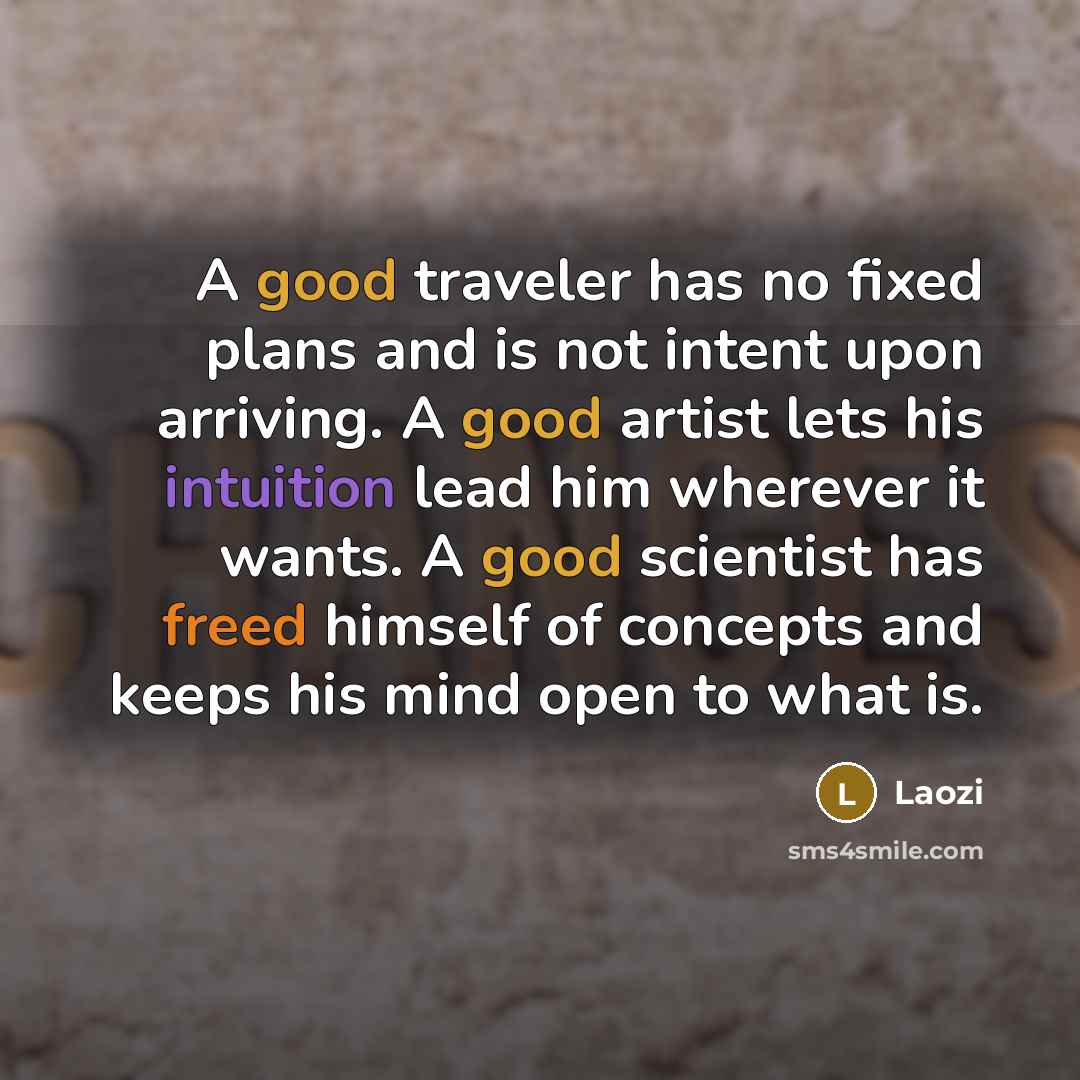 “A good traveler has no fixed plans and is not intent upon arriving. A good artist lets his intuition lead him wherever it wants. A good scientist has freed himself of concepts and keeps his mind open to what is.” quote by Laozi