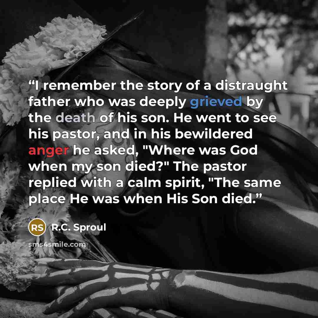 “I remember the story of a distraught father who was deeply grieved by the death of his son. He went to see his pastor, and in his bewildered anger he asked, "Where was God when my son died?" The pastor replied with a calm spirit, "The same place He was when His Son died.” quote by R.C. Sproul