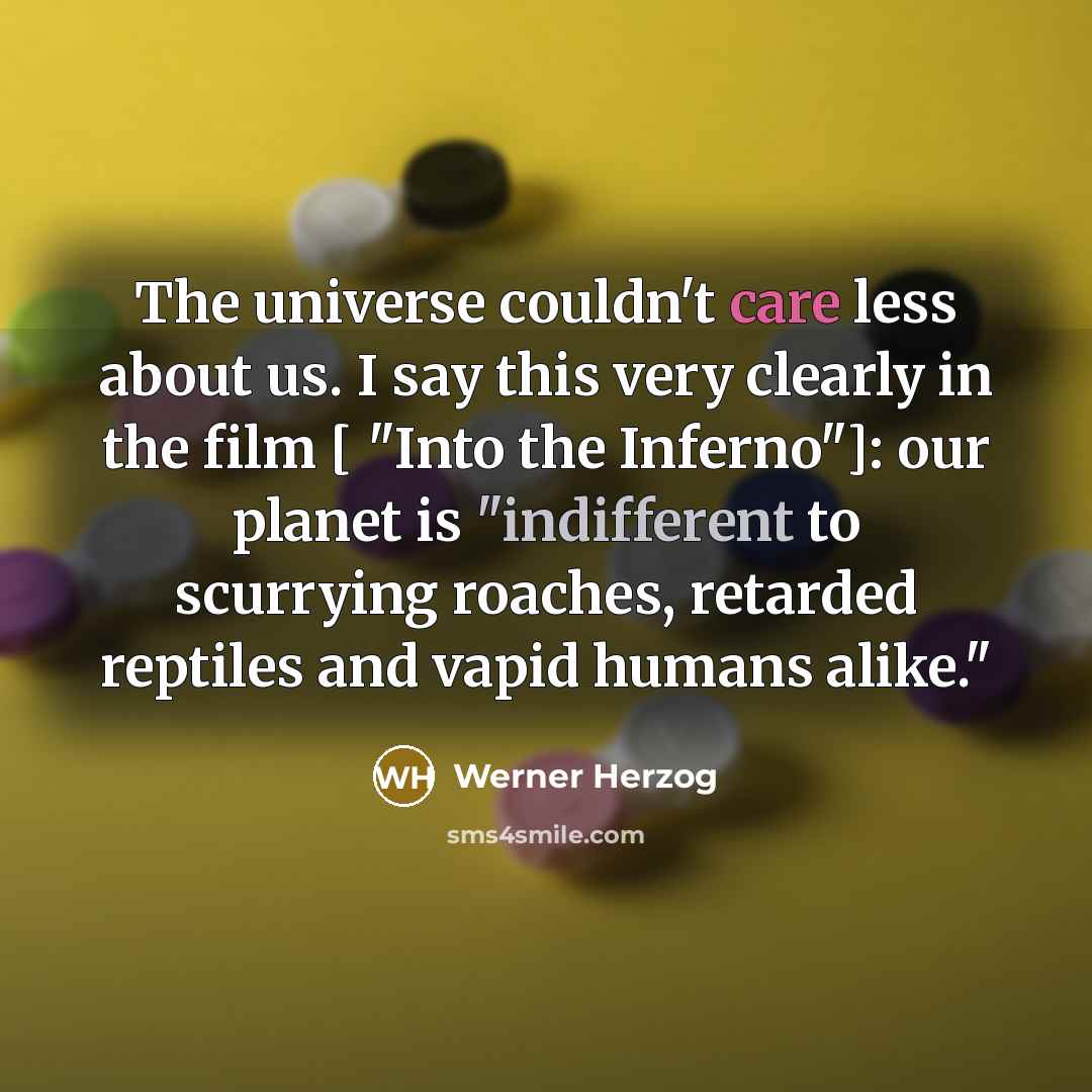 “The universe couldn't care less about us. I say this very clearly in the film [ "Into the Inferno"]: our planet is "indifferent to scurrying roaches, retarded reptiles and vapid humans alike."” quote by Werner Herzog