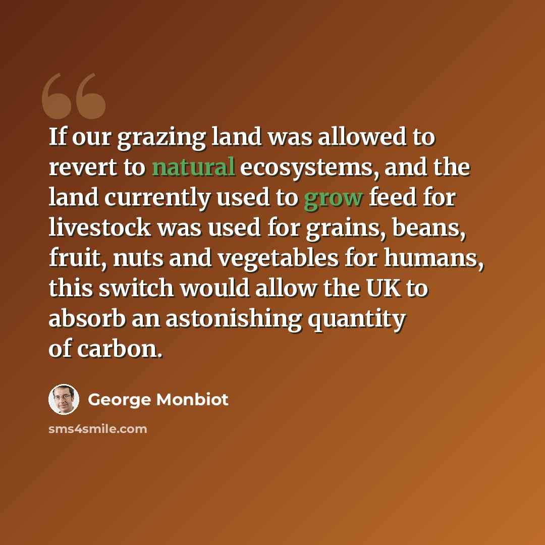 “If our grazing land was allowed to revert to natural ecosystems, and the land currently used to grow feed for livestock was used for grains, beans, fruit, nuts and vegetables for humans, this switch would allow the UK to absorb an astonishing quantity of carbon.” quote by George Monbiot