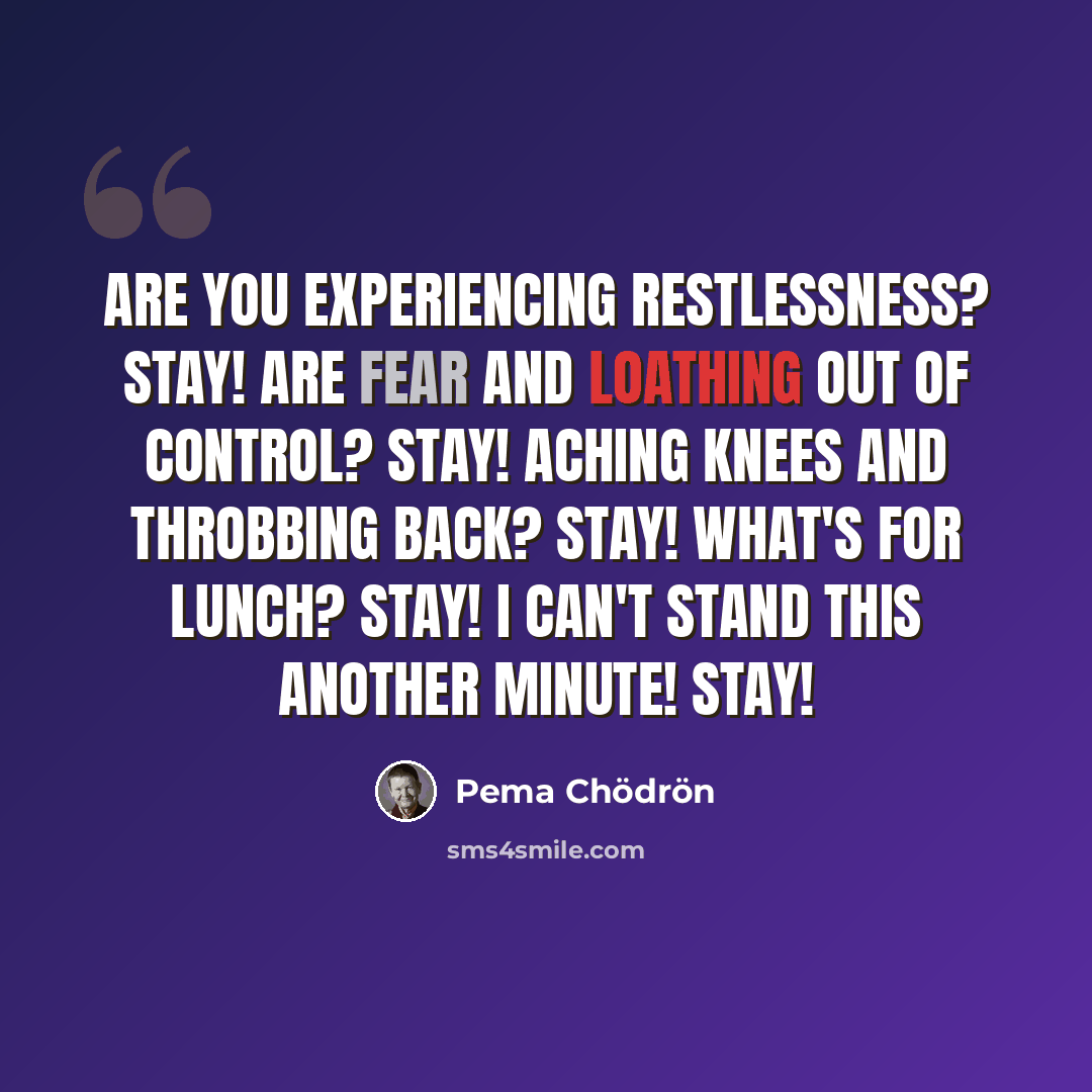 “Are you experiencing restlessness? Stay! Are fear and loathing out of control? Stay! Aching knees and throbbing back? Stay! What's for lunch? Stay! I can't stand this another minute! Stay!” quote by Pema Chodron