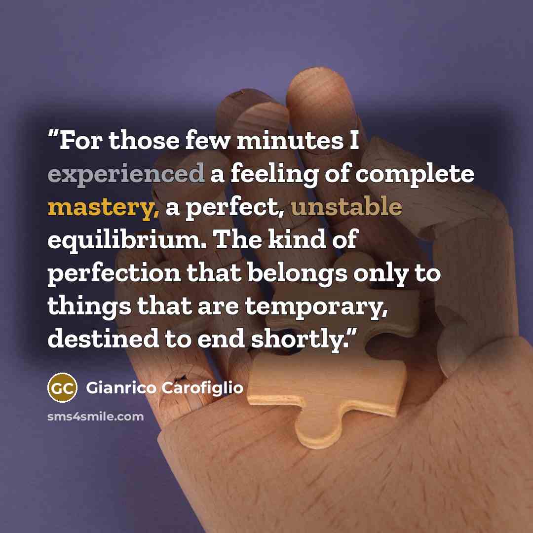 “For those few minutes I experienced a feeling of complete mastery, a perfect, unstable equilibrium. The kind of perfection that belongs only to things that are temporary, destined to end shortly.” quote by Gianrico Carofiglio