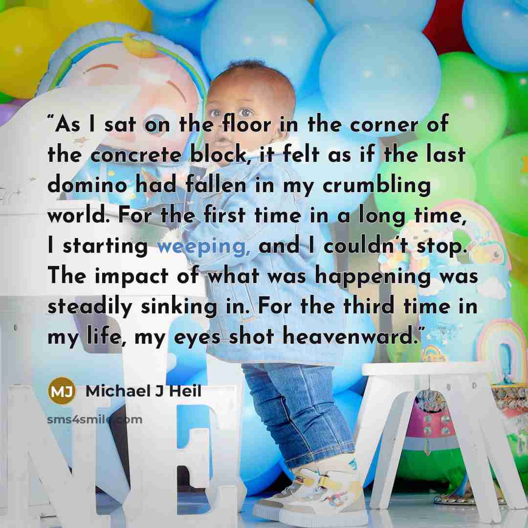 “As I sat on the floor in the corner of the concrete block, it felt as if the last domino had fallen in my crumbling world. For the first time in a long time, I starting weeping, and I couldn’t stop. The impact of what was happening was steadily sinking in. For the third time in my life, my eyes…” quote by Michael J Heil