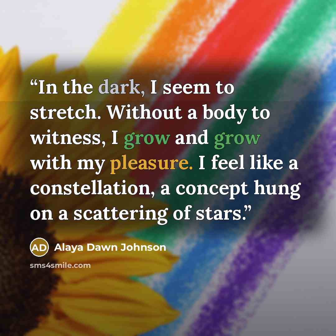 “In the dark, I seem to stretch. Without a body to witness, I grow and grow with my pleasure. I feel like a constellation, a concept hung on a scattering of stars.” quote by Alaya Dawn Johnson