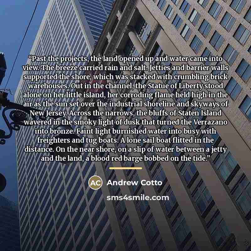 “Past the projects, the land opened up and water came into view. The breeze carried rain and salt. Jetties and barrier walls supported the shore, which was stacked with crumbling brick warehouses. Out in the channel, the Statue of Liberty stood alone on her little island, her corroding flame held…” quote by Andrew Cotto