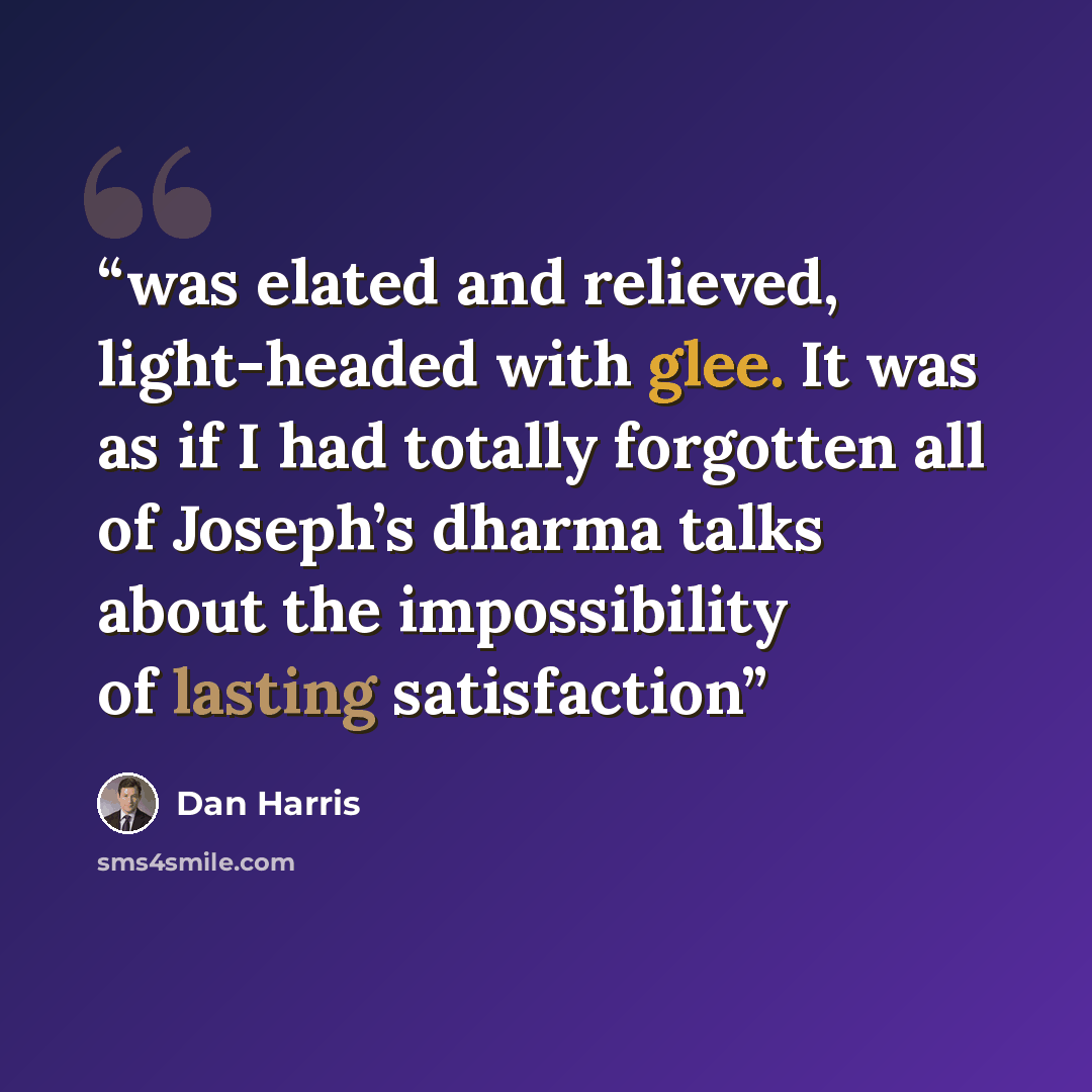 “was elated and relieved, light-headed with glee. It was as if I had totally forgotten all of Joseph’s dharma talks about the impossibility of lasting satisfaction” quote by Dan Harris