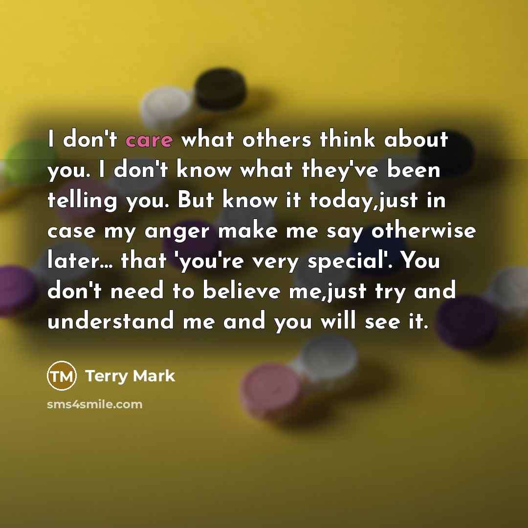 “I don't care what others think about you. I don't know what they've been telling you. But know it today,just in case my anger make me say otherwise later… that 'you're very special'. You don't need to believe me,just try and understand me and you will see it.” quote by Terry Mark