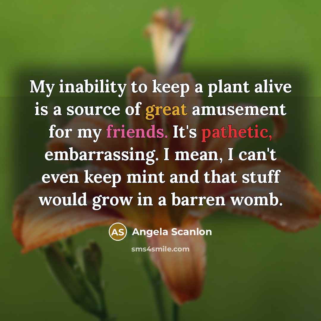 “My inability to keep a plant alive is a source of great amusement for my friends. It's pathetic, embarrassing. I mean, I can't even keep mint and that stuff would grow in a barren womb.” quote by Angela Scanlon