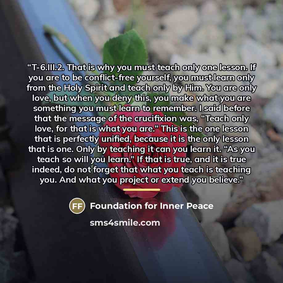 “T-6.III.2. That is why you must teach only one lesson. If you are to be conflict-free yourself, you must learn only from the Holy Spirit and teach only by Him. You are only love, but when you deny this, you make what you are something you must learn to remember. I said before that the message of…” quote by Foundation for Inner Peace