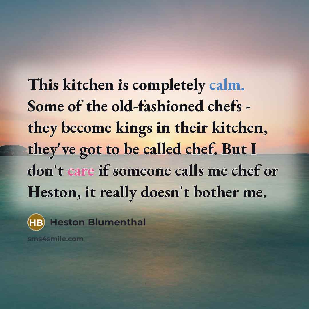 “This kitchen is completely calm. Some of the old-fashioned chefs - they become kings in their kitchen, they've got to be called chef. But I don't care if someone calls me chef or Heston, it really doesn't bother me.” quote by Heston Blumenthal