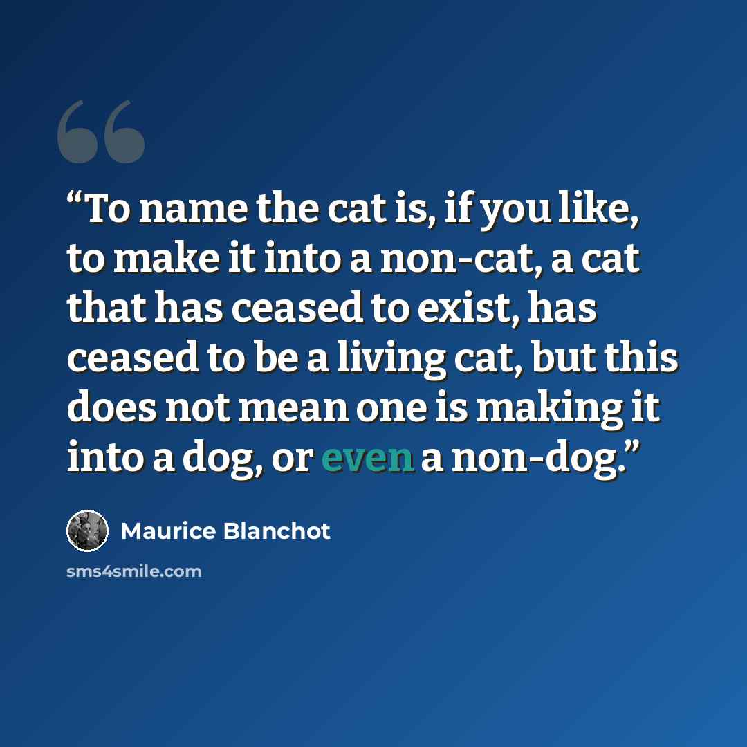 “To name the cat is, if you like, to make it into a non-cat, a cat that has ceased to exist, has ceased to be a living cat, but this does not mean one is making it into a dog, or even a non-dog.” quote by Maurice Blanchot