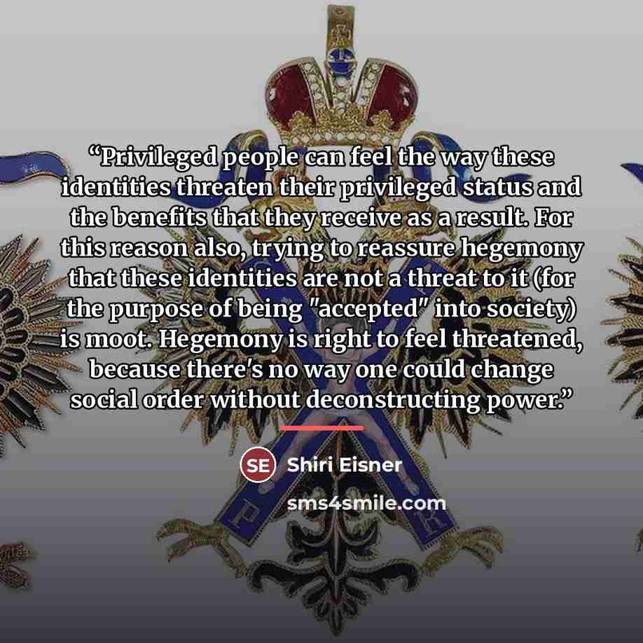 “Privileged people can feel the way these identities threaten their privileged status and the benefits that they receive as a result. For this reason also, trying to reassure hegemony that these identities are not a threat to it (for the purpose of being "accepted" into society) is moot. Hegemony…” quote by Shiri Eisner
