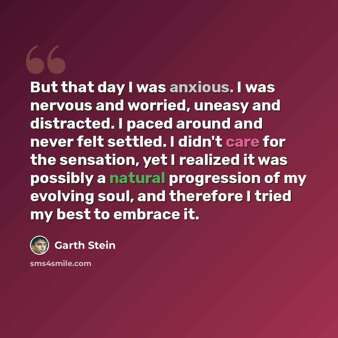 “But that day I was anxious. I was nervous and worried, uneasy and distracted. I paced around and never felt settled. I didn't care for the sensation, yet I realized it was possibly a natural progression of my evolving soul, and therefore I tried my best to embrace it.” quote by Garth Stein