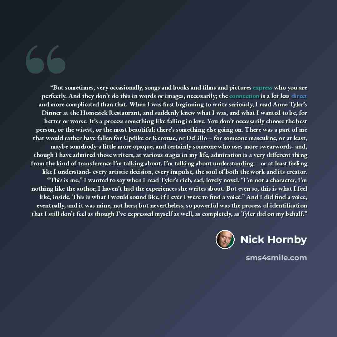 “But sometimes, very occasionally, songs and books and films and pictures express who you are perfectly. And they don’t do this in words or images, necessarily; the connection is a lot less direct and more complicated than that. When I was first beginning to write seriously, I read Anne Tyler’s…” quote by Nick Hornby